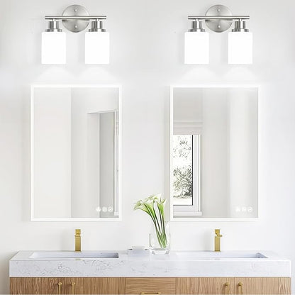 Guliaofo 2-Light Vanity Lights, Brushed Nickel Bathroom Light Fixture with Striped Textured Milky White Glass Shade, E26 Modern Vanity Lighting Fixture for Bathroom Wall Sconce Light Over Mirror