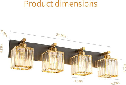 FDPBY Modern Bathroom Vanity Light 4-Lights Black Gold Crystal Bathroom Wall Light Vanity Light Fixtures，28.34-inch Modern Minimalist Design