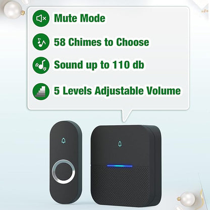 AIDA Lighted Wireless Doorbell for Home, Waterproof Battery Doorbell 1,000ft Range, 5 Volume Levels with 58 Doorbell Chimes & LED Flash (Black, Doorbell with 2 transmitters & 1 Receiver)