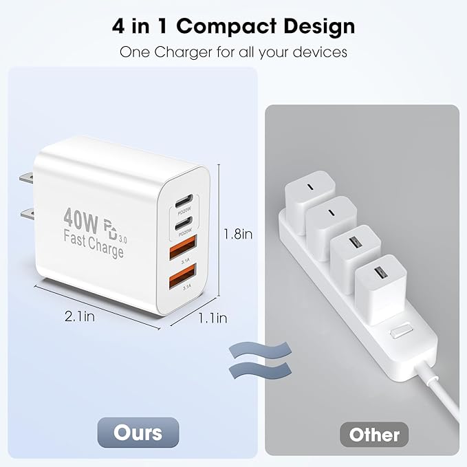 USB C Charger Block, 2 Pack 40W 4-Port iPhone Charger Fast Charging Multiport PD 3.0 & QC 4.0 Double Quick Charge, Compatible with iPhone 16/15/14/13/12/11，Pro Max，iPad, Samsung (White)