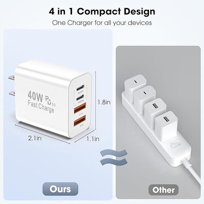 USB C Charger Block, 2 Pack 40W 4-Port iPhone Charger Fast Charging Multiport PD 3.0 & QC 4.0 Double Quick Charge, Compatible with iPhone 16/15/14/13/12/11，Pro Max，iPad, Samsung (White)