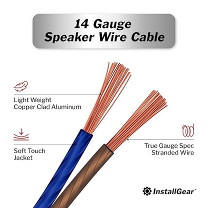 InstallGear 100ft 14 Gauge Speaker Wire with 12 Banana Plugs - Copper Clad Aluminum Cable for Clear Audio Sound - Easy-Install Car Speaker Wire and Home Theater Setup with Blue Black Jacket