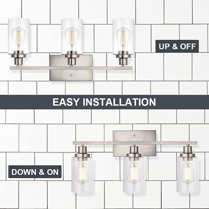 WINSHEN Bathroom Light Fixtures 3-Lights Seeded Glass in Brushed Nickel Finish, 23.6-Inches Vanity Lighting Bath Wall Mount Lamp for Kitchen Living Room Workshop