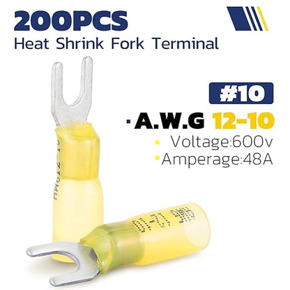 haisstronica 330PCS Heat Shrink Fork Spade Connectors #10 Waterproof Marine Grade Fork Terminal Connectors U-Type Blue Red Yellow 22-10 Gauge