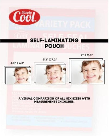 10mil Self-Adhesive Cold Laminating Sheets (120 Variety Count) Letter, Photo, Card, Notecard, I.D. Badge and Business Card Sizes. No Heat, No Machine needed, Easy Self-Sealing Pouches