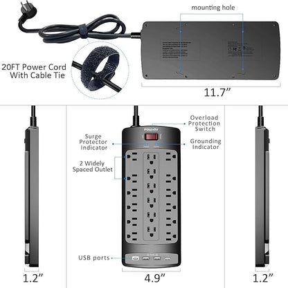 18 Outlets Surge Protector Power Strip - 20 Feet Flat Plug Heavy Duty Extension Cord with 18 Widely Outlets and 4 USB Ports, 2100 Joules, Black, ETL Listed