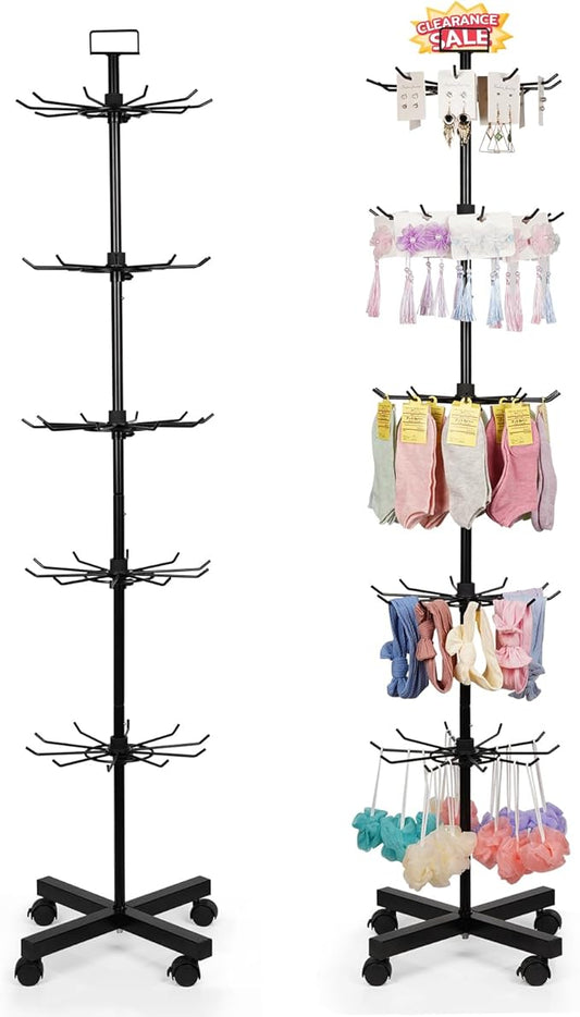 Exttlliy 5-Tier Metal Spinning Display Stand Rack with Wheels, Black Iron, 50 Hooks, Lockable Wheels, Ideal for Jewelry, Accessories, Foods