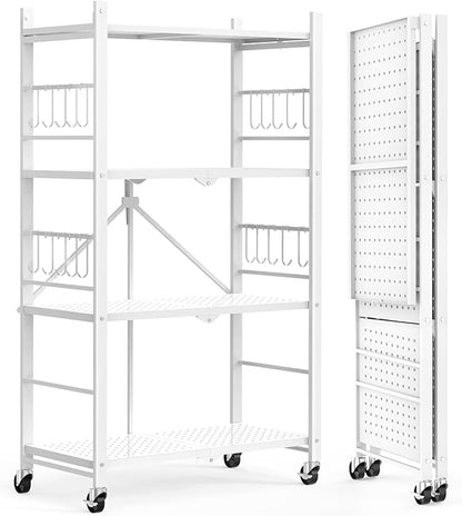 Himix Storage Shelves with 20 Hooks, 4-Tier Foldable Shelves for Storage, Folding Shelf Unit Pantry Shelves with Wheels, Metal Shelving Storage Rack Shelf for Kitchen Garage Home, White - No Assembly