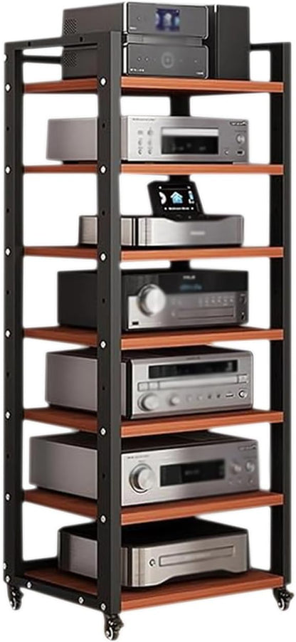 Dernoing 7 Tier Audio Rack Tower, CD Record Player Stereo Receiver AV Equipment Cabinet Display Rack, Weight Capacity 661 lbs, with Adjustable Wooden Shelves for Home (7 Tier Teakwood)