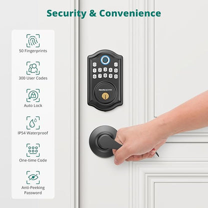 AkaGear DS10 Keyless Entry Door Lock with Handle - 2 Lever Handles, Fingerprint Door Lock, Keypad Deadbolt, 2 Keys, Code, Smart Locks for Front Door, Auto-Lock, Easy Installation - Matte Black