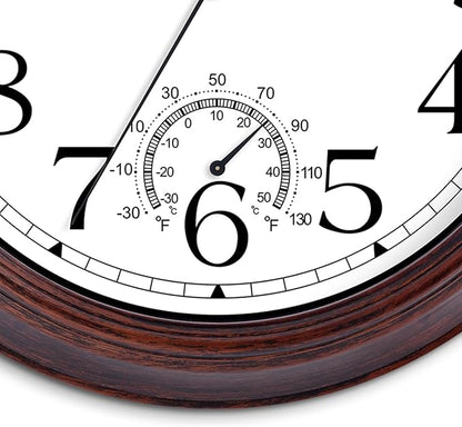 KECYET 10 Inch Outdoor Wall Clock with Thermometers, Vintage Silent Wall Clocks Battery Operated, Retro Non-Ticking Clock Decorative for Living Room, Patio, Kitchen, Office, Bathroom, Bedroom(Bronze)