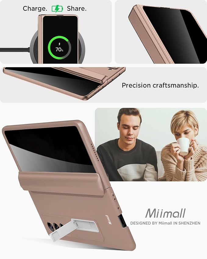 Miimall for Samsung Fold 3 Case with Privacy Screen Protector, Built-in Adjustable Kickstand & Magnetic Hinge & Camera Lens Protective All-Inclusive Phone Case for Galaxy Z Fold3 5G Champagne Gold