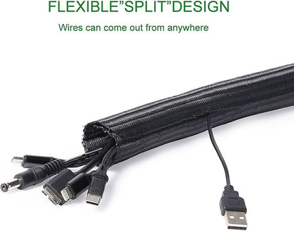 QCSIW 3/8" 50ft Braided Cable Sleeve Split Wire Loom Tubing – Expandable Cord Protector for USB, Power Cords, Audio/Video Cables – Cat Chew Proof, Durable Wire Management Sleeving (Black)