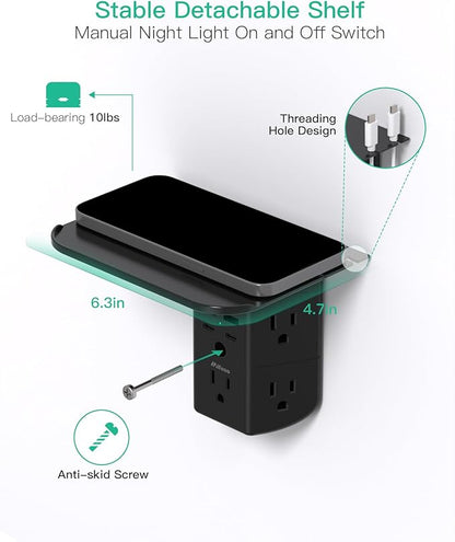 Wall Outlet Extender with Shelf and Night Light, Surge Protector, USB Wall Charger with 5 AC Outlets and 2 USB A Ports 2 USB C Ports Wide Space 3-Sided Power Strip Multi Plug Outlets, Black