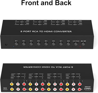 RuiPuo 8Port AV to HDMI Converter Adapter Support 16:9/4:3 Switch for Wii/N64/PS1/PS2/PS3/VHS/VCR/DVD Players etc (8Port RCA in to 1 HDMI Converter with IR Remote)