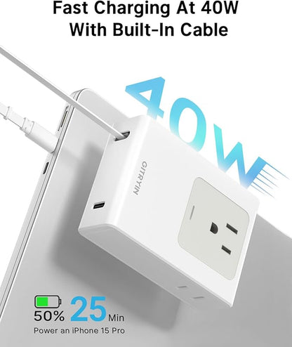 Flat USB C Wall Charger with 31.5in Retractable Type-C Cable, 5-in-1 Slim Wall Charger, 40W Fast Charging Power Plug with 3 Outlets 1 USB C Port, Type A Power Adapter for US to Japan Travel