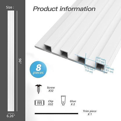 Art3d 8-Pack 96 x 6in. WPC Acoustic Slat Wall Panel for Modern Interior Decor, TV Background, Living Room, Matte White