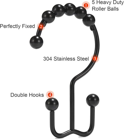 Shower Curtain Hooks, Goowin Shower Curtain Rings, Stainless Steel Black Shower Curtain Hooks, Shower Curtain Rings Rust Proof, Free Sliding Double Shower Hooks for Shower Curtain & Liners (Black)