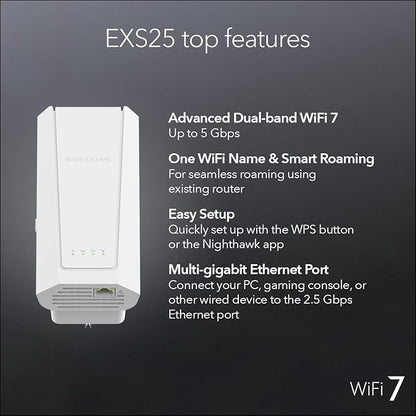 NETGEAR WiFi 7 Range Extender (EXS25) – BE5000 Dual-Band Wireless Signal Booster & Repeater (up to 5 Gbps Speed) - Add up to 1,500 sq. ft., 45 Devices - WPA3 Security, Smart Roaming