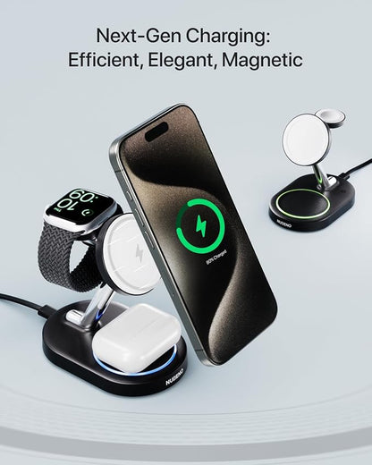 Nubeno Fast Charging Station for Magsafe Apple Devices, Wireless Charger Station for MagSafe iPhones, 3 in 1 Magnetic Charger Stand for iPhone 15/14/13/12, Apple Watch & AirPods(Blk)