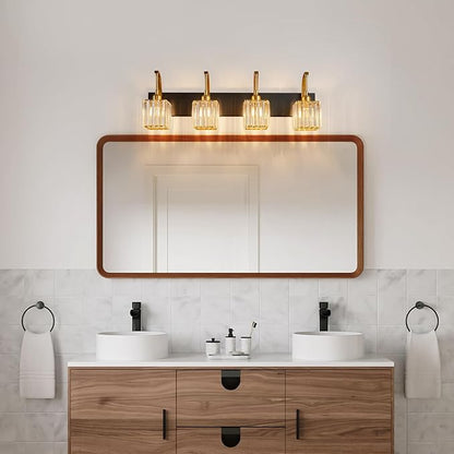 FDPBY Crystal Vanity Lights 4-Light Black Gold Bathroom Vanity Lights Modern Crystal Bathroom Light Fixtures Over Mirror 32.67" Long Vanity Light for Bathroom