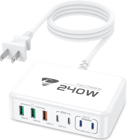 240W USB C Charging Station, 7-Port GaN USB C Charger Block, 100W Laptop USB C Fast Charger Compact 100W Laptop Charger Hub Wall Charger Adapter for MacBook Pro/Air,iPhone 16/15/14/13,Samsung S24