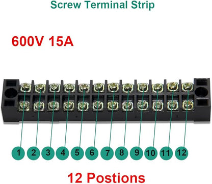 MILAPEAK 10pcs (5 Sets) 12 Positions Dual Row 600V 15A Screw Terminal Strip Blocks with Cover + 400V 15A 12 Positions Pre-Insulated Terminals Barrier Strip (Black & Red)