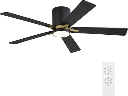 WINGBO 52" DC Flush Mount Ceiling Fan with Lights, 5 Plywood Blades, 6-Speed Reversible DC Motor, 3CCT, Low Profile Hugger Ceiling Fan for Living Room Bedroom Kitchen, Black and Brass