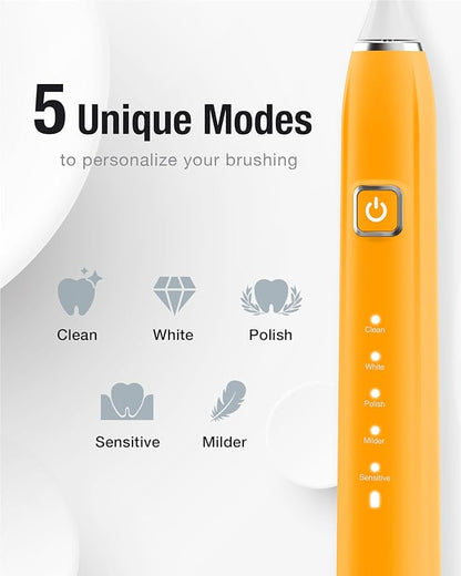 7AM2M Sonic Electric Toothbrush with 6 Brush Heads for Adults&Kids, One Charge for 120 Days, Wireless Fast Charge, 5 Modes, 40000VPM Powered Toothbrush, 2 Minutes Built in Smart Timer - Orange