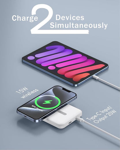 podoru for Magsafe Battery Pack, 5000mAh Magnetic Power Bank with Type-C Cable 20W PD Fast Charging Lighting Input Wireless Portable Charger for iPhone 16/15/14/13/12/ All Series-White