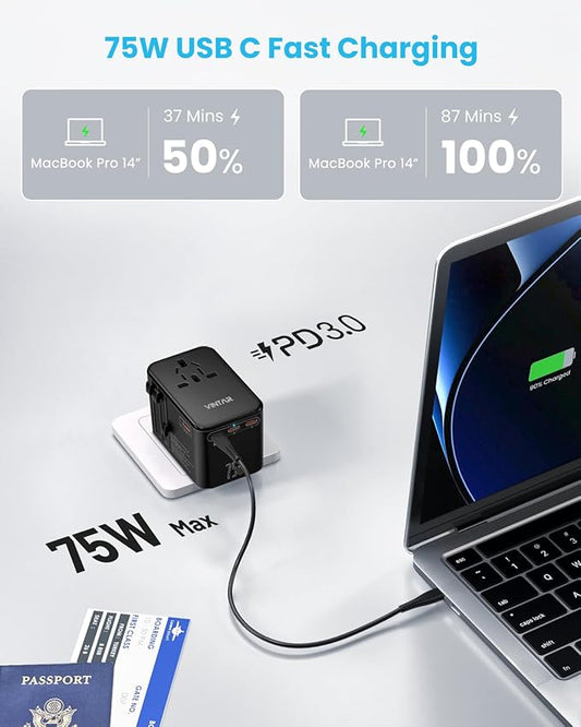 Universal Travel Adapter, VINTAR 75W GaN International Power Adapter with 3 USB C PD and 2 USB A QC, All in One Travel Essentials for UK/EU/USA/AUS, Travel Adapter Worldwide for Laptops Phones, Black