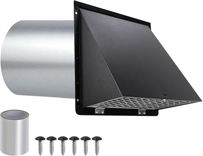 4 Inch Dryer Vent Cover Outside,Dryer Vent Cover Outdoor Wall Vent Hood Dryer Exhaust Vent Cap,Hooded Wall Vent with Screen & Damper,Wall Mount Extractor Vent for Dryer Duct AC,Galvanized Steel,Black