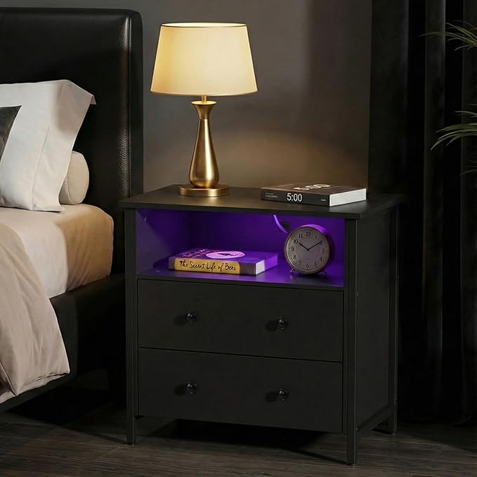 Tykacna 27 Inch Wide Night Stand, Large Wood Night Stand Set 2 with 2 Drawers, LED Nightstand with Charging Station and Adjustable Drawer, Bedside Table for Living Room/Bedroom/Study/Office, Black.