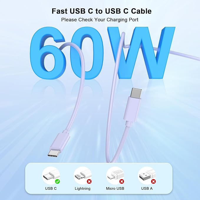 Matsusho 20W USB C Wall Charger Fast Charging Compatible for iPhone 16/16 Plus/16 Pro/16 Pro Max/15/15 Pro/15 Pro Max/15 Plus, 2 Pack iPhone 16 15 Charger Block with 10FT Type C Charging Cable, Purple