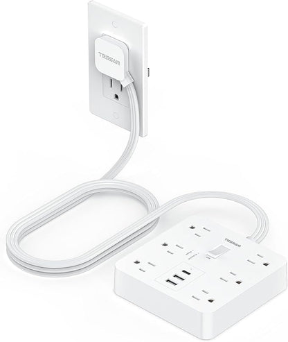 Surge Protector Power Strip with 1700 Joules Protection, TESSAN 5FT White Extension Cord with 6 AC Outlets, 3 USB Ports(1 USB C), Multiple Outlets Flat Plug Power Strip, for Home Office Dorm