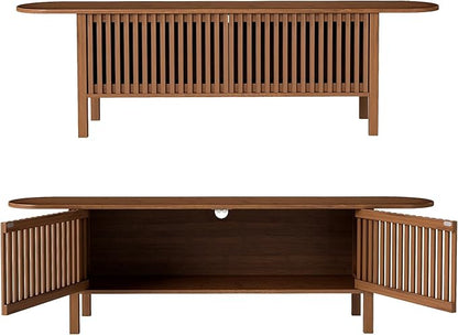 HollyHOME Bamboo TV Stand with Storage for TVs up to 65", Modern Entertainment Center with Fence Door, Accent TV Table with 2 Shelf, Media Console TV Stand for Living Room, Bedroom, Walnut
