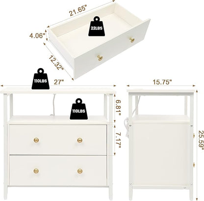 Edbuosy 27 inch Wide Night Stand with Charging Station, Bedside Table with Open Shelf, 2 Drawers Small Wood Dresser, Modern Wood Nightstand for Bedroom/Living Room (White)