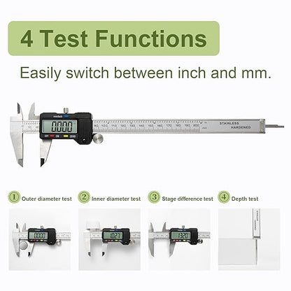 SCITOOLS Digital Caliper 0-8" Measuring Tool with Metal Ruler, Micrometer Caliper with Auto-Off Feature, Interchangeable Between inches and millimeters for DIY/Household and 3D Printing, Black