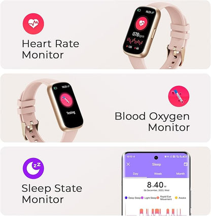 TIFOZEN Fitness Tracker for Women Men, Smart Watch Band with 24/7 Heart Rate Blood Oxygen Sleep Monitor, Calories Step Tracker Pedometer 3ATM Waterproof Activity Tracker for Android iOS, Pink