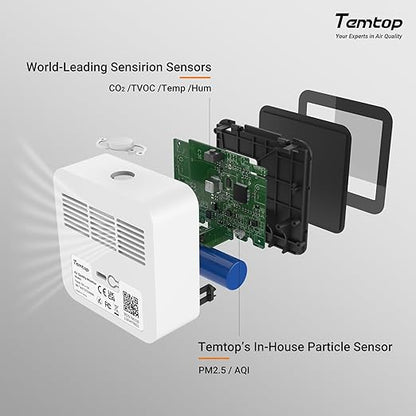 Temtop M10+ Indoor Air Quality Monitor, CO2 Monitor for Home, 6-in-1 PM2.5 & VOC Detector, E-Ink Display, 60-Day Battery, App-Connected Temperature & Humidity Sensor