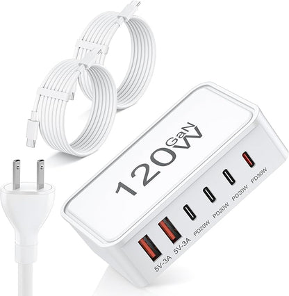 USB C Charger Block, 120W GaN 6-Port Charging Station, 5FT Cord Type C Charger Fast Charging for iPhone 17/16/15/14, iPad, Galaxy, Pixel,etc