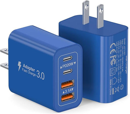 40W USB C Super Fast Charger Cube,2 Pack PD + QC Charging Block Power Adapter 4 Port Wall Mount Plug for iPhone 17 16 15 14 13 12, Motorola, LG, Google Pixel 6a/6 Pro/6/5a/5/4/4A Box Brick (Dark Blue)