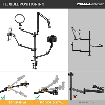 TARION Overhead Camera Desk Mount: 4-in-1 Heavy Duty Mount Set with 1 Mic Boom Stand + 3 Articulating Arms for DSLR Cameras Ring Light Monitor Laptop - Live Stream Stand TitanRig Desk