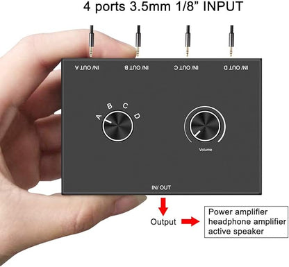 4-Way 3.5mm Stereo Audio Switcher - Passive Speaker Headphone Manual Selector Splitter Box (4 In - 1 Out)