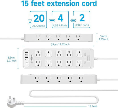 Solidock Power Strip Surge Protector Flat Plug with 20 AC Outlets 6 USB Chagring Ports, 1875W/15A, 2700J, 15 Ft Heavy Duty Extension Cord for Home, Office, Dorm, Gaming,ETL Listed (White, 15Feet)