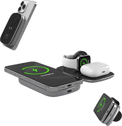 Teton 3 in 1 Wireless Charger with 5000mAh Power Bank,15W Qi2 Foldable Wireless Charging Station for Multiple Devices,Magsafe Travel Charger Stand for iPhone 16/15/14/13 Apple Watch & Airpods