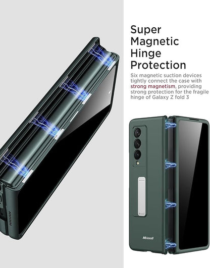 Miimall for Samsung Galaxy Z Fold 3 Case with Privacy Screen Protector, Built-in Adjustable Kickstand & Magnetic Hinge Protection All-Inclusive Protective Case for Galaxy Z Fold 3 5G Green