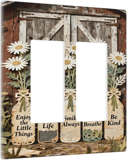 Bvtewkhz Rustic Daisy Barn Door Flowers 2 Gang Double Rocker Decorative Light Switch Covers Electrical Faceplate Switch Plates for Bathroom Kitchen Home