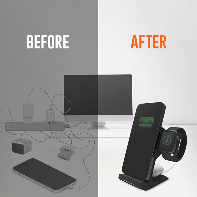 STM ChargeTree Go - 3-in-1 Portable Wireless Charging Station for iPhone, Samsung, Android (15W/7.5W), AirPods (5W), Apple Watch (3W) - Qi Certified - Black