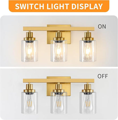 DIKAIDA 3 Light Gold Bathroom Light Fixtures, Bathroom Vanity Light Over Mirror, Gold Wall Sconce Vanity Lighting with Clear Glass Shade,Modern Farmhouse Bath Wall Lamp for Mirror Kitchen